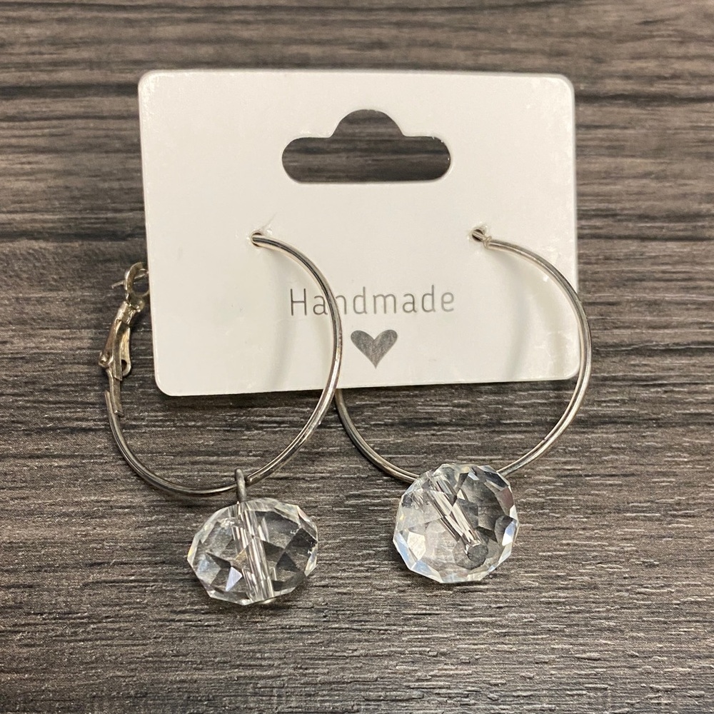 Handmade Silver Hoop Earrings with Crystal Beads